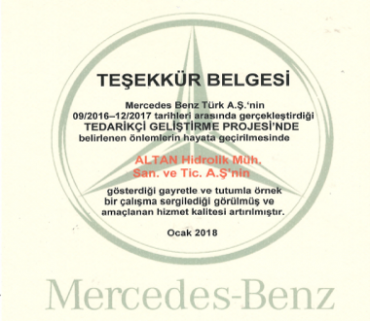 Altan Hidrolik received a Certificate of Appreciation from Mercedes-Benz